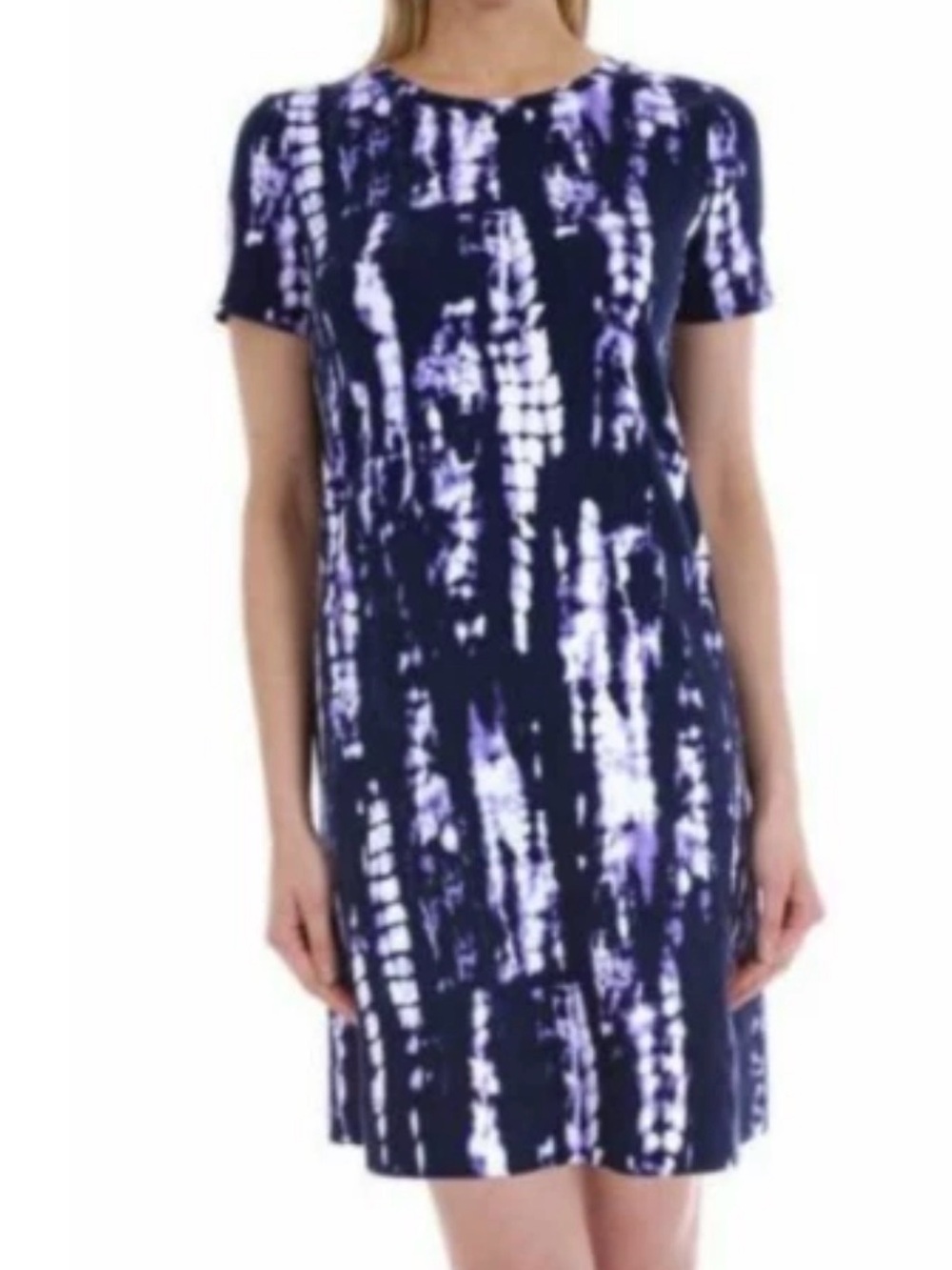 Ellen Tracy Navy and White Tie-Dye Short Sleeve Mini Dress